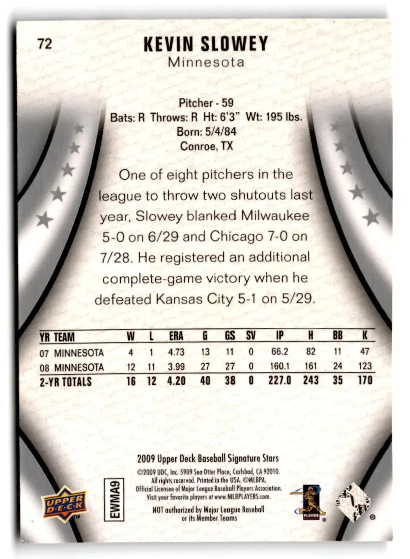 2009 Upper Deck Signature Stars #72 Kevin Slowey - Baseball Card Single