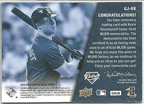 2009 Upper Deck UD Game Jersey #GJKK Kevin Kouzmanoff NM-MT MEM Padres ID:72298 - Baseball Card Single