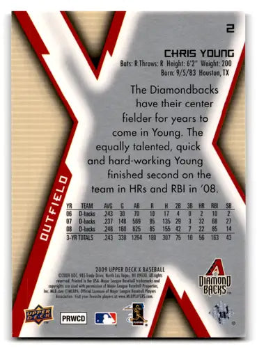 Original gloss baseball card back from 2009 Upper Deck X featuring Chris Young Diamondbacks