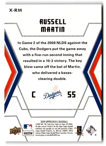 Back of 2009 Upper Deck X Baseball card featuring Russell Martin with original gloss