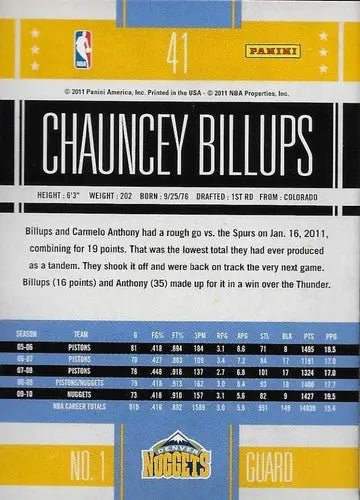 2010-11 Panini Classics #41 Chauncey Billups NM-MT Nuggets ID:22068 - Basketball Card Single