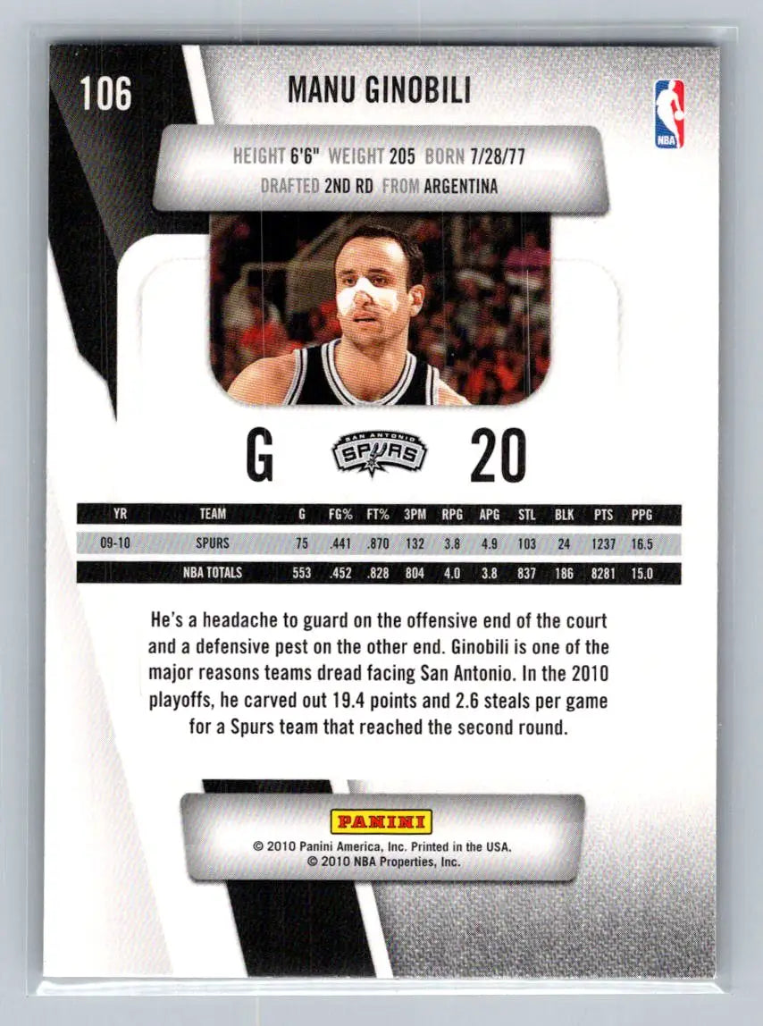2010-11 Panini Prestige #106 Manu Ginobili San Antonio Spurs - Basketball Card Single