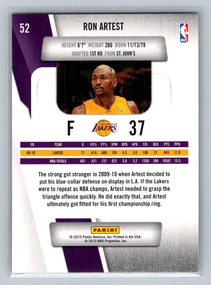 2010-11 Panini Prestige #52 Ron Artest Los Angeles Lakers - Basketball Card Single
