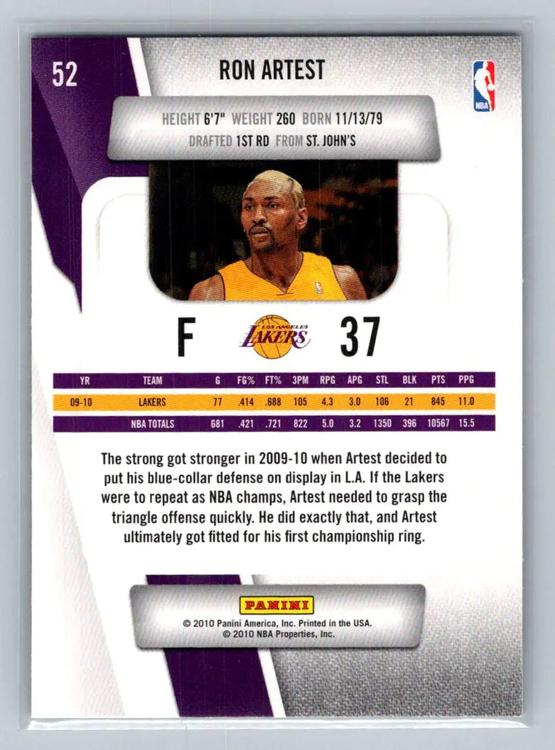 2010-11 Panini Prestige #52 Ron Artest Los Angeles Lakers - Basketball Card Single