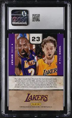 Graded basketball trading card featuring Kobe Bryant and Pau Gasol from 2010-11 Playoff Contenders Patches