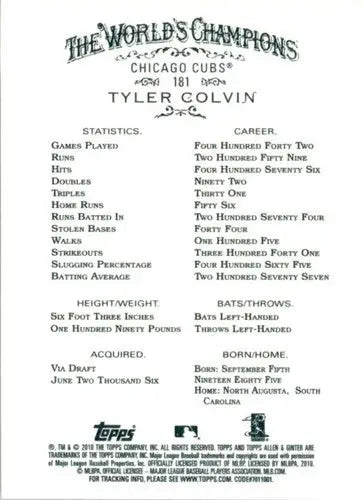 Original gloss Tyler Colvin rookie Cubs baseball card from 2010 Allen and Ginter