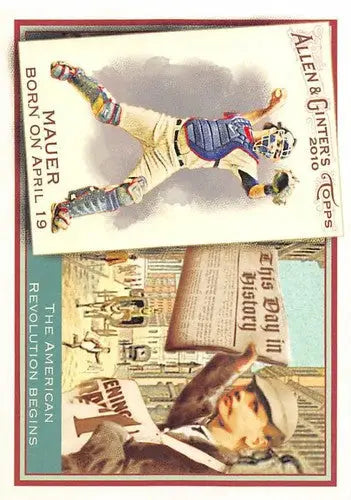 Baseball card collage featuring Joe Mauer from 2010 Allen and Ginter TDH17 with original gloss
