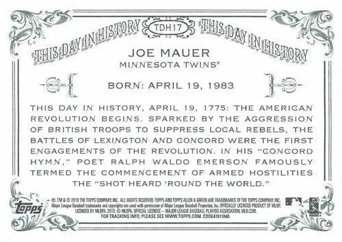 Baseball card featuring Joe Mauer with original gloss from 2010 Allen and Ginter TDH17 series