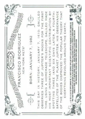 Baseball card back of TDH26 Francisco Rodriguez from 2010 Allen and Ginter series