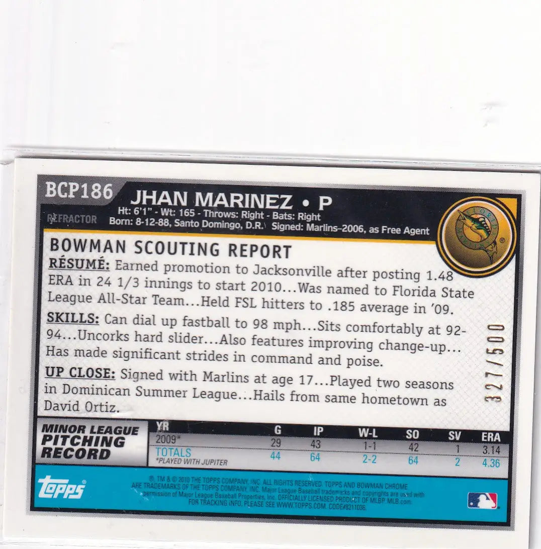 2010 BOWMAN CHROME #BCP186 JHAN MARINEZ AUTO /500- MIAMI MARLINS - Baseball Card Single