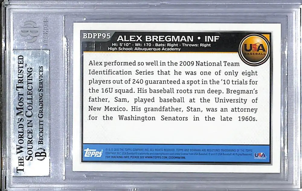 2010 Bowman Chrome Draft Prospects #BDPP95 Alex Bregman Beckett Authentic Auto - Baseball Card Single