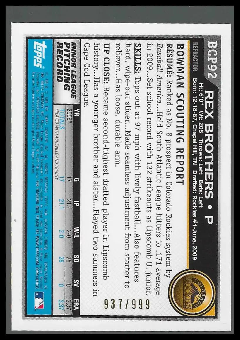 2010 Bowman Chrome Prospects Purple #BP92 Rex Brothers #937/999