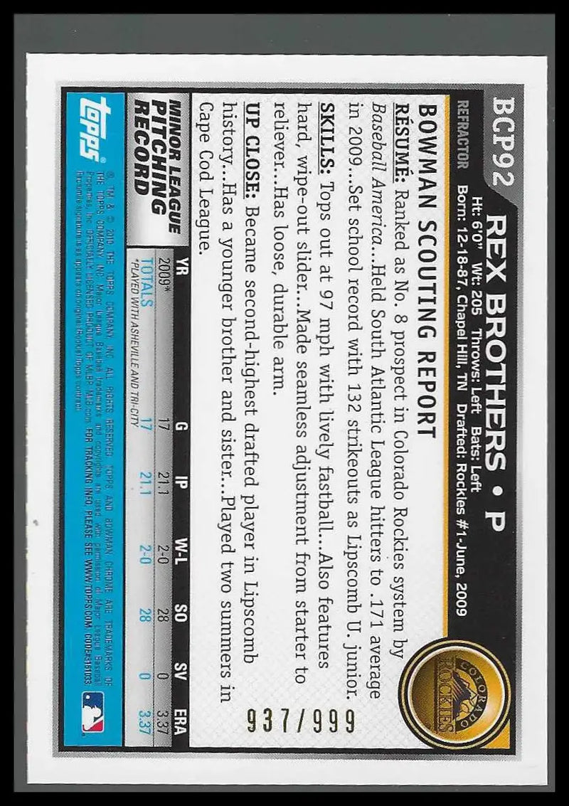 2010 Bowman Chrome Prospects Purple #BP92 Rex Brothers #937/999
