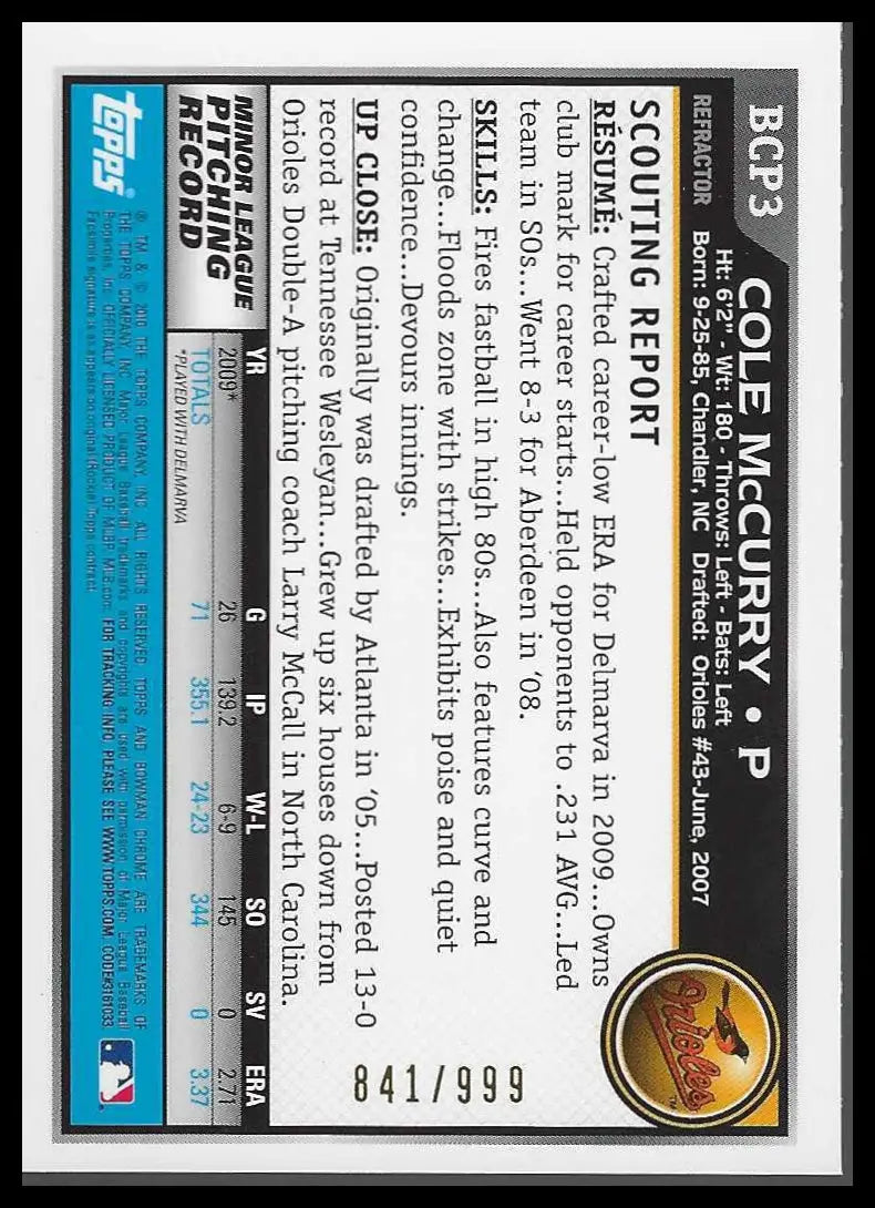 2010 Bowman Chrome Prospects Purple Refractors #BCP3 Cole McCurry #841/999