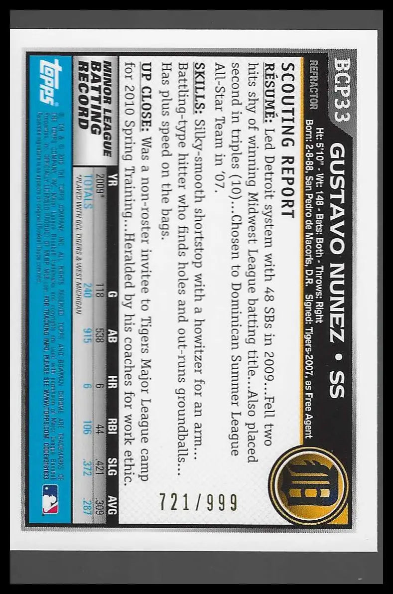 2010 Bowman Chrome Prospects Purple Refractors #BCP33 Gustavo Nunez #721/999
