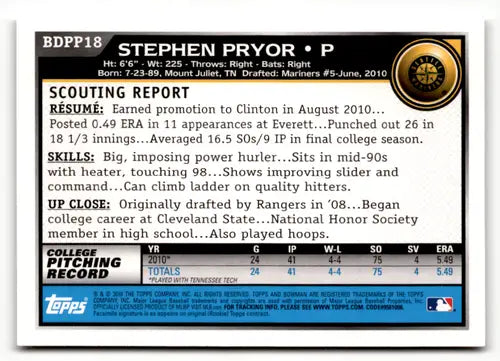 Original gloss 2010 Bowman Draft Prospects BDPP18 Stephen Pryor Mariners baseball card