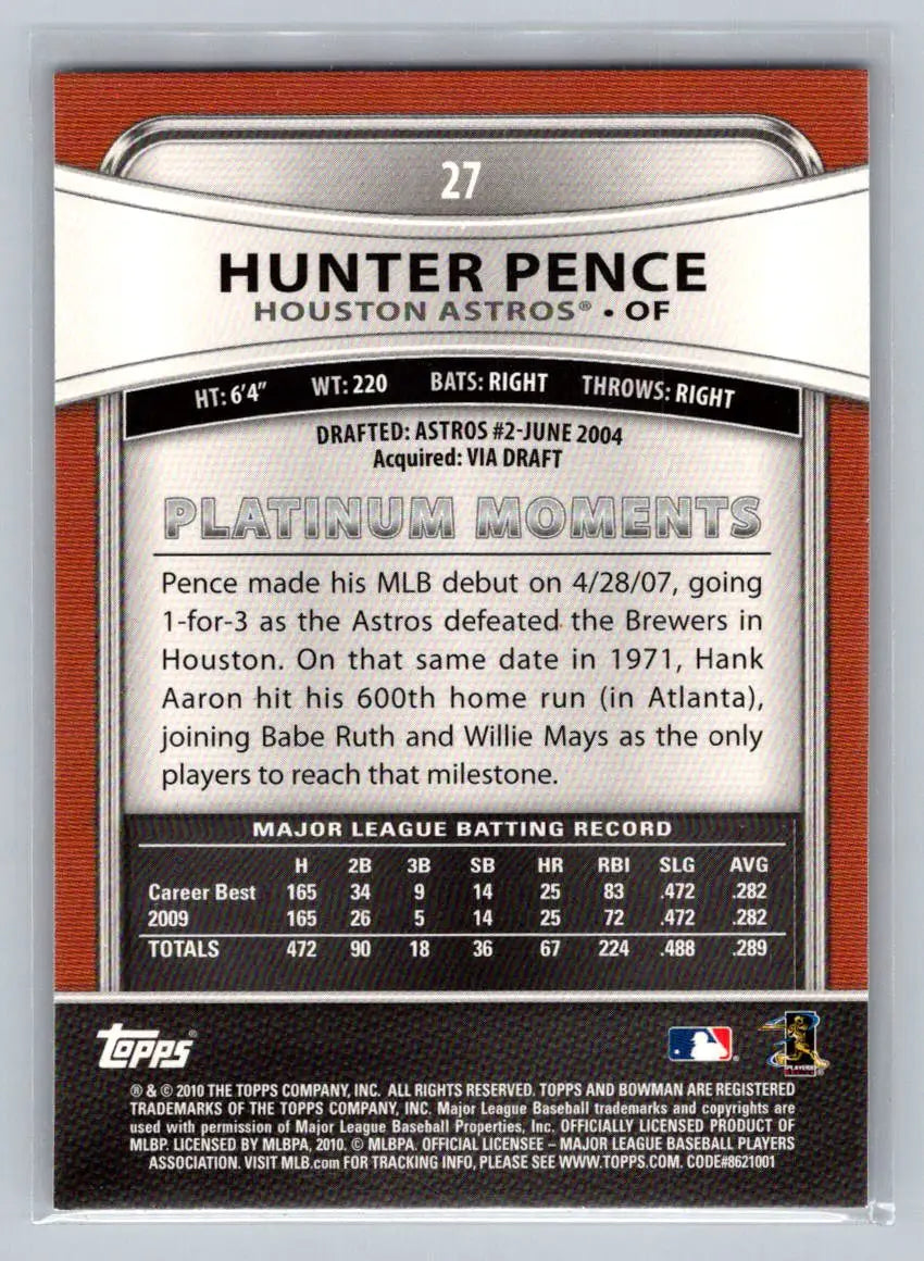 Hunter Pence baseball card back from 2010 Bowman Platinum Houston Astros collectible