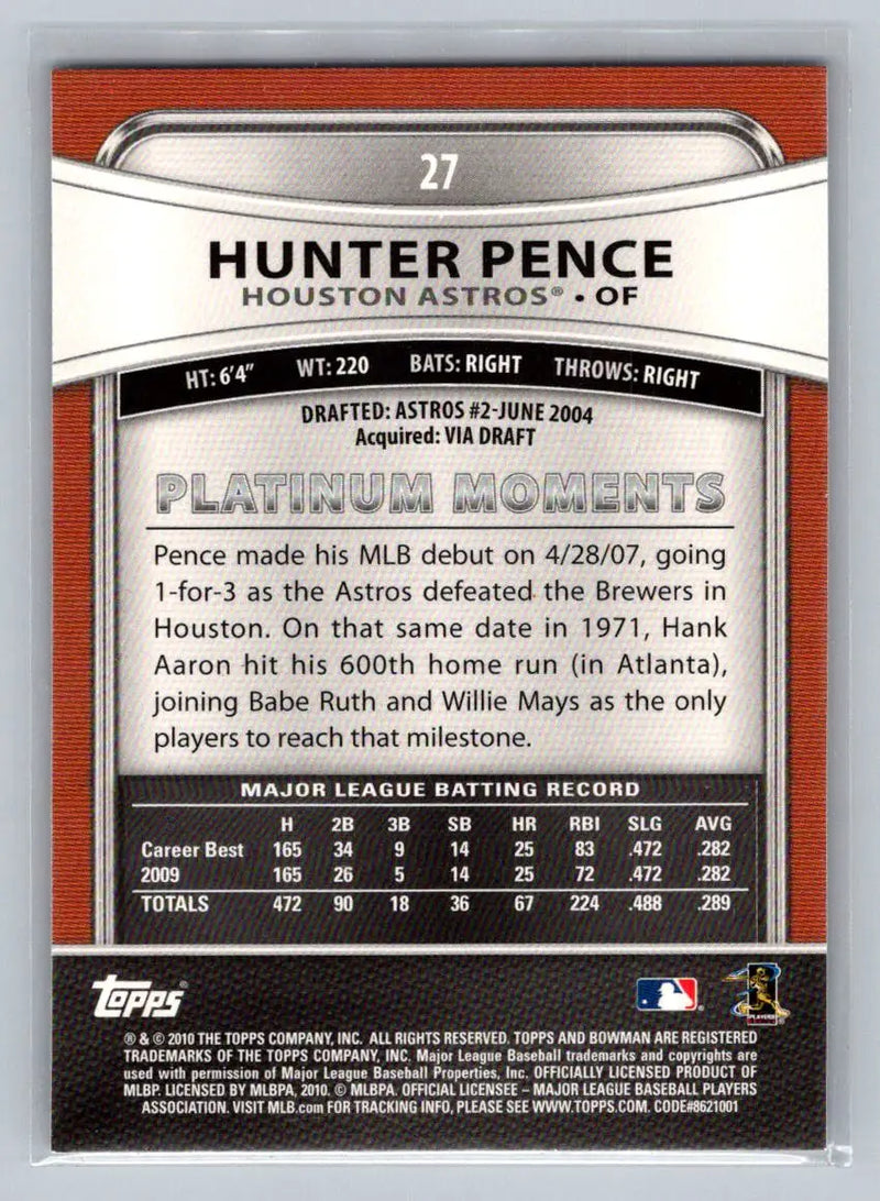 Hunter Pence baseball card back from 2010 Bowman Platinum Houston Astros collectible
