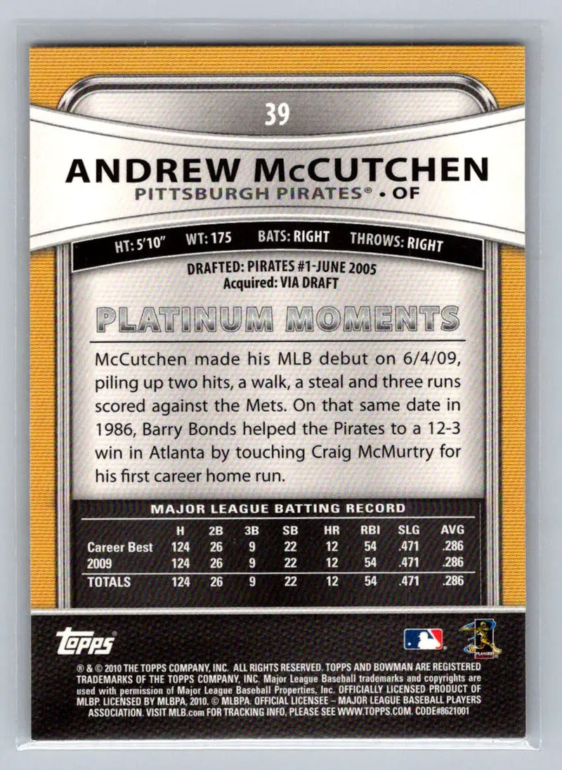 Andrew McCutchen baseball card back from 2010 Bowman Platinum for Pittsburgh Pirates