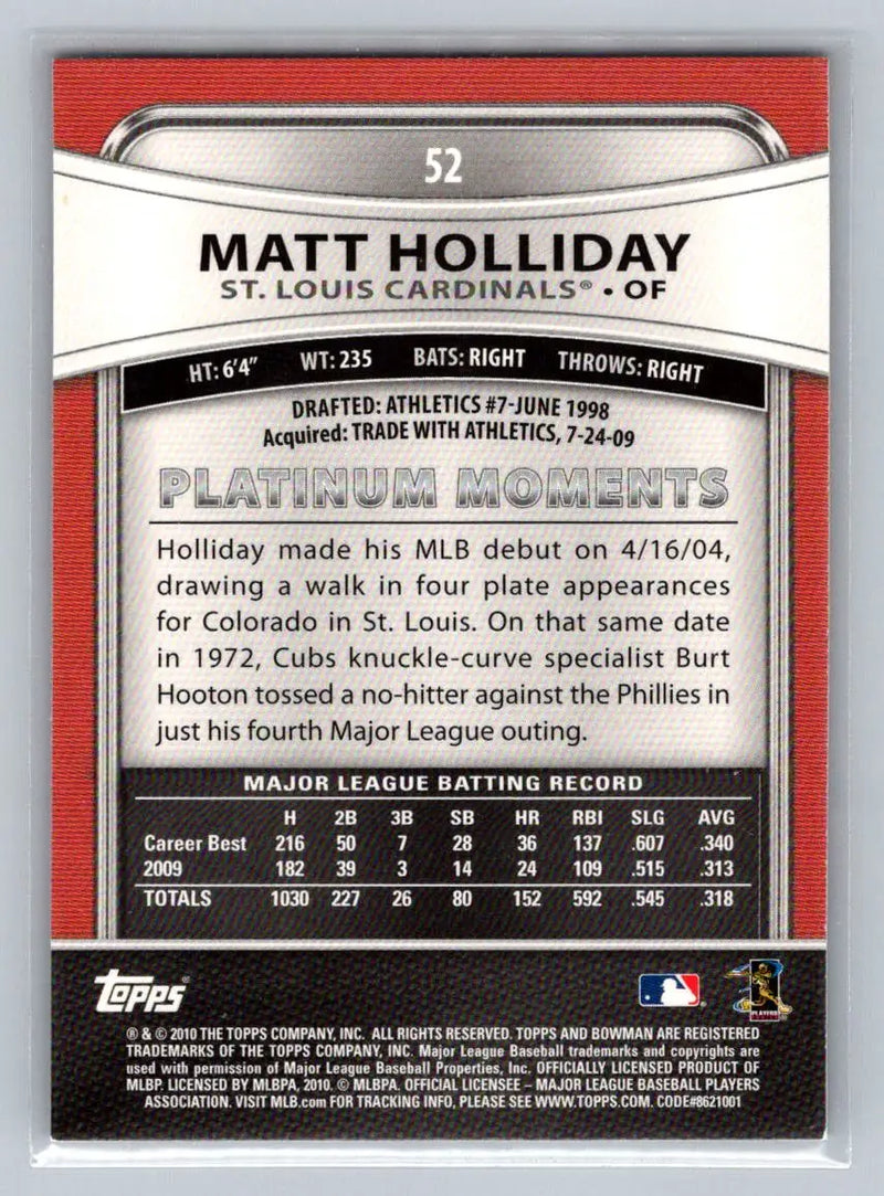 Matt Holliday baseball card back from 2010 Bowman Platinum St. Louis Cardinals set