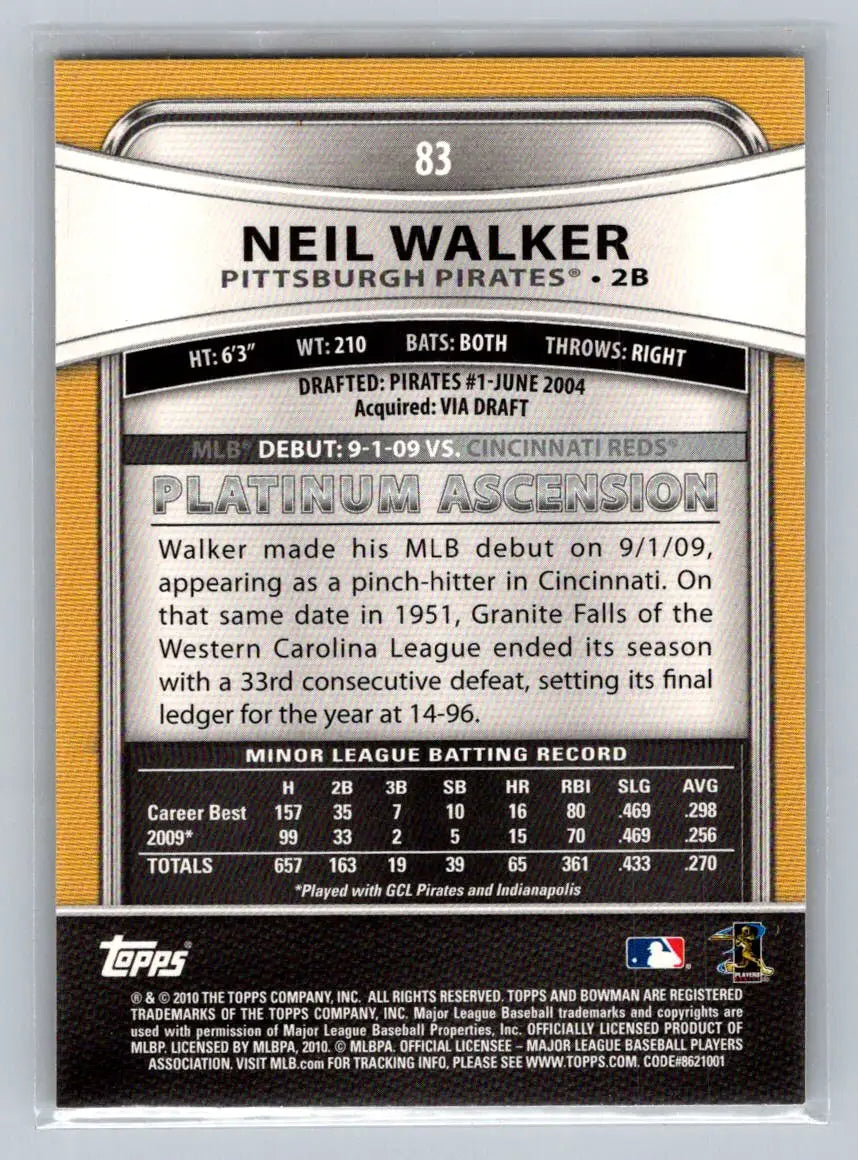 Neil Walker 2010 Bowman Platinum #83 baseball card featuring Pittsburgh Pirates player