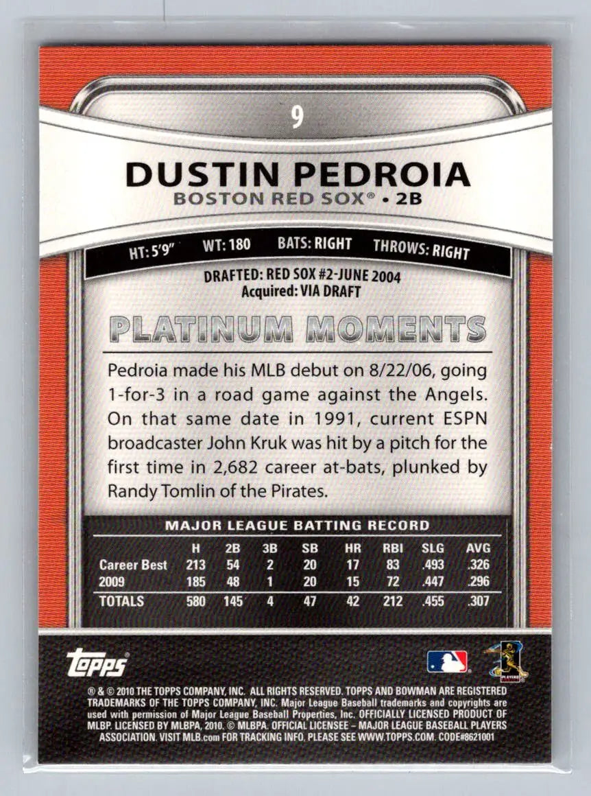 Dustin Pedroia baseball card back from 2010 Bowman Platinum Boston Red Sox edition