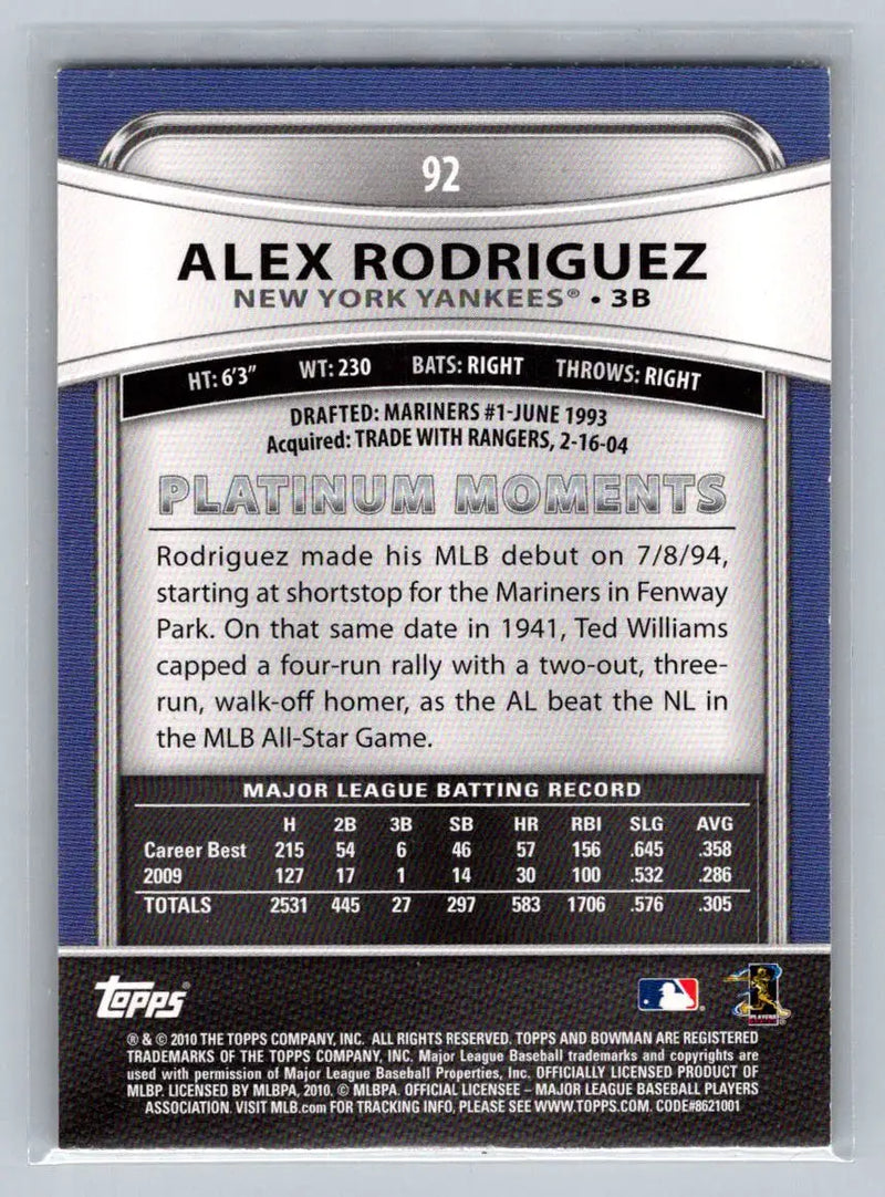 Alex Rodriguez 2010 Bowman Platinum #92 baseball card for New York Yankees fans
