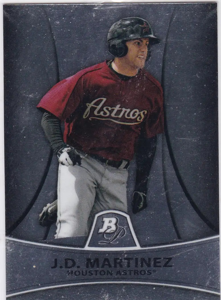 Baseball card of J.D. Martinez in burgundy jersey for Bowman Platinum, Houston Astros