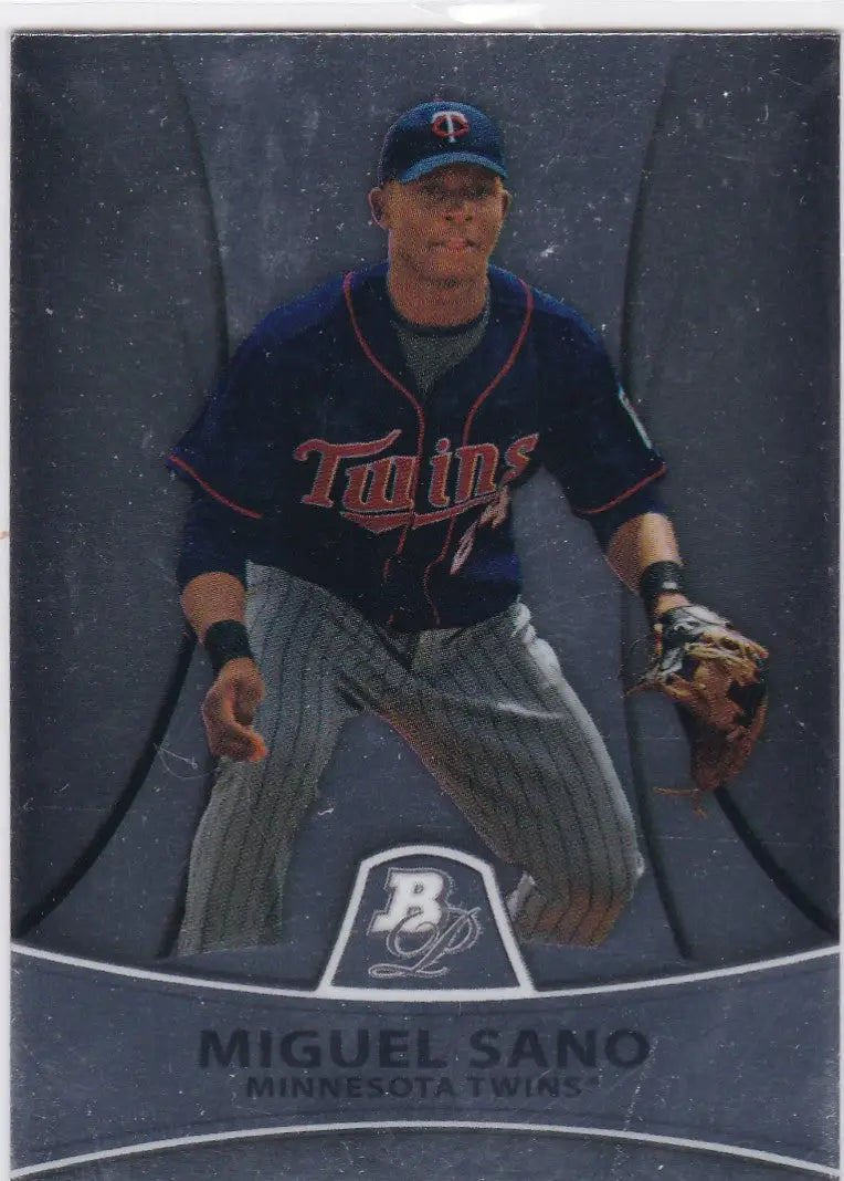 Baseball card of PP28 Migual Sano RC in navy uniform fielding for Minnesota Twins
