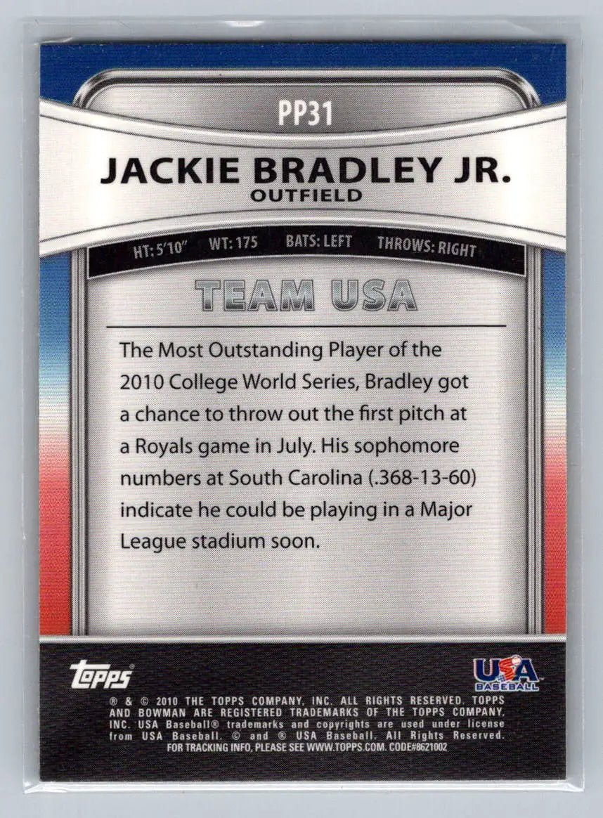Jackie Bradley Jr. baseball card from 2010 Bowman Platinum #PP31 Prospects set