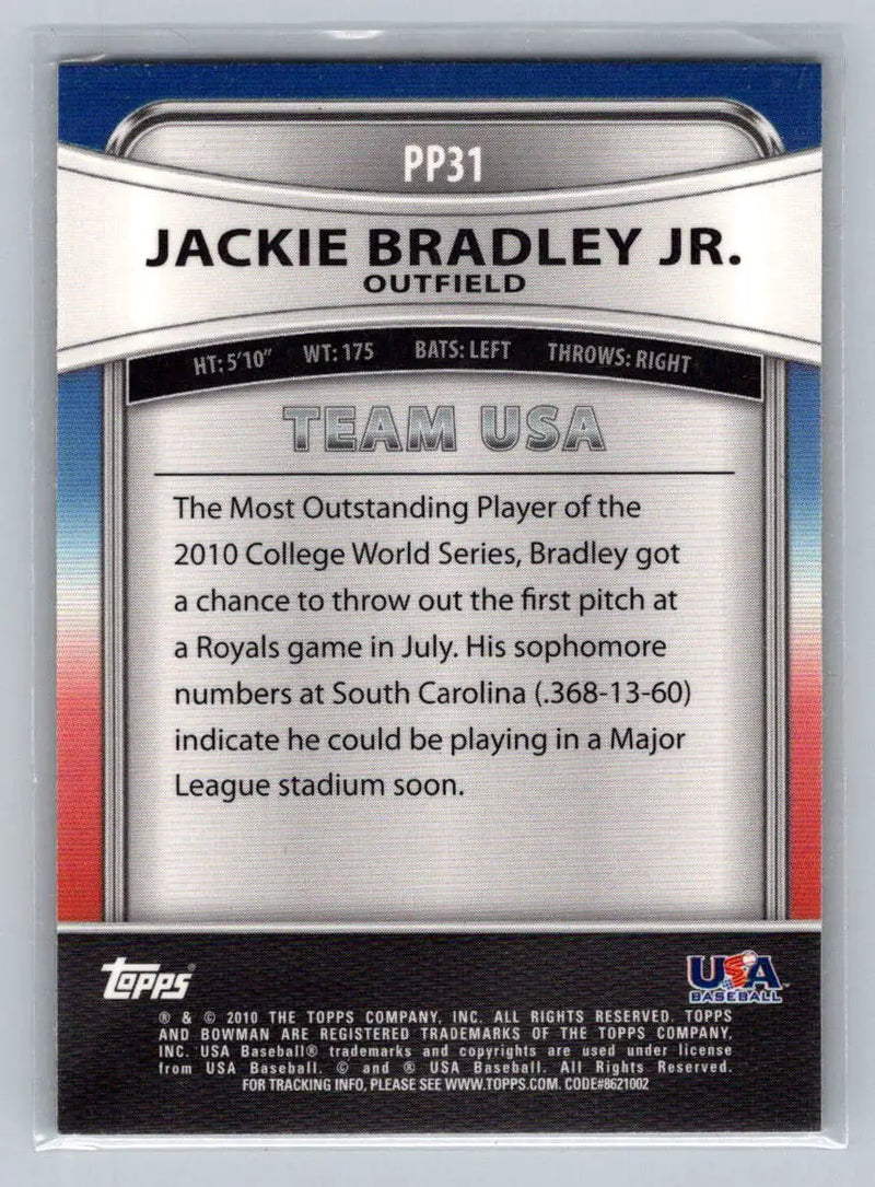 Jackie Bradley Jr. baseball card from 2010 Bowman Platinum #PP31 Prospects set