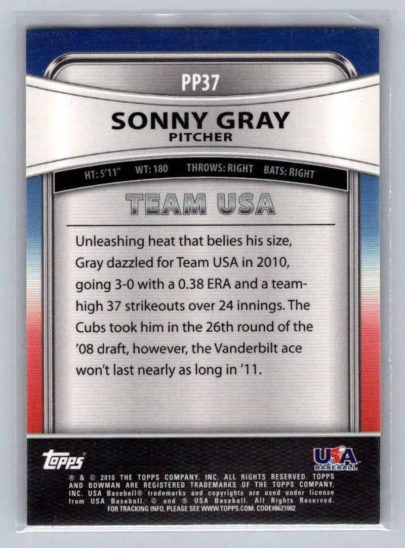 Sonny Gray baseball card from 2010 Bowman Platinum PP37 Sonny Gray Prospects Oregon Ducks
