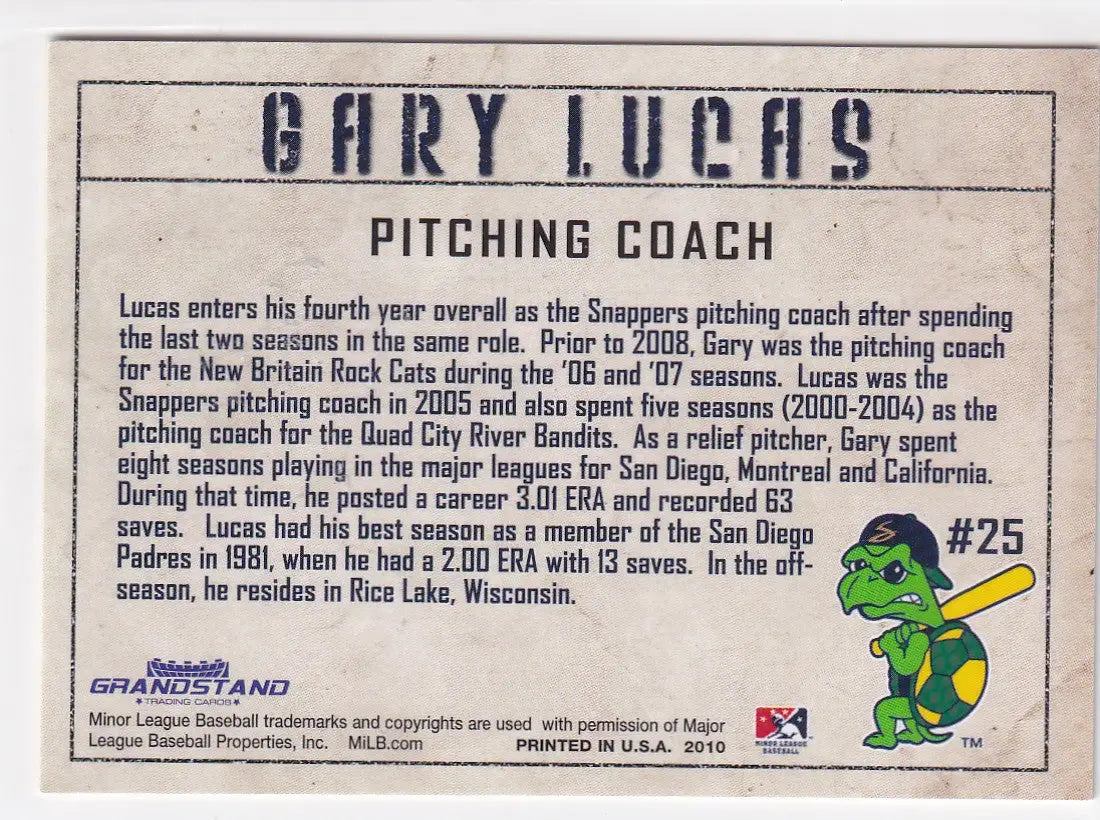 2010 GRANDSTAND #25 GARY LUCAS AUTO TTM- DETROIT SNAPPERS - Baseball Card Single