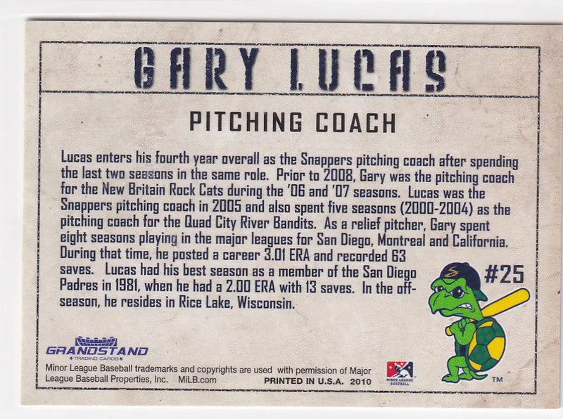 2010 GRANDSTAND #25 GARY LUCAS AUTO TTM- DETROIT SNAPPERS - Baseball Card Single