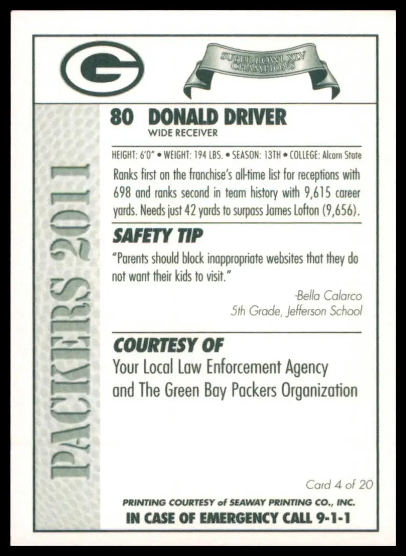 2010 Green Bay Packers Police Donald Driver 4 Green Bay Packers NM - Football Card Single