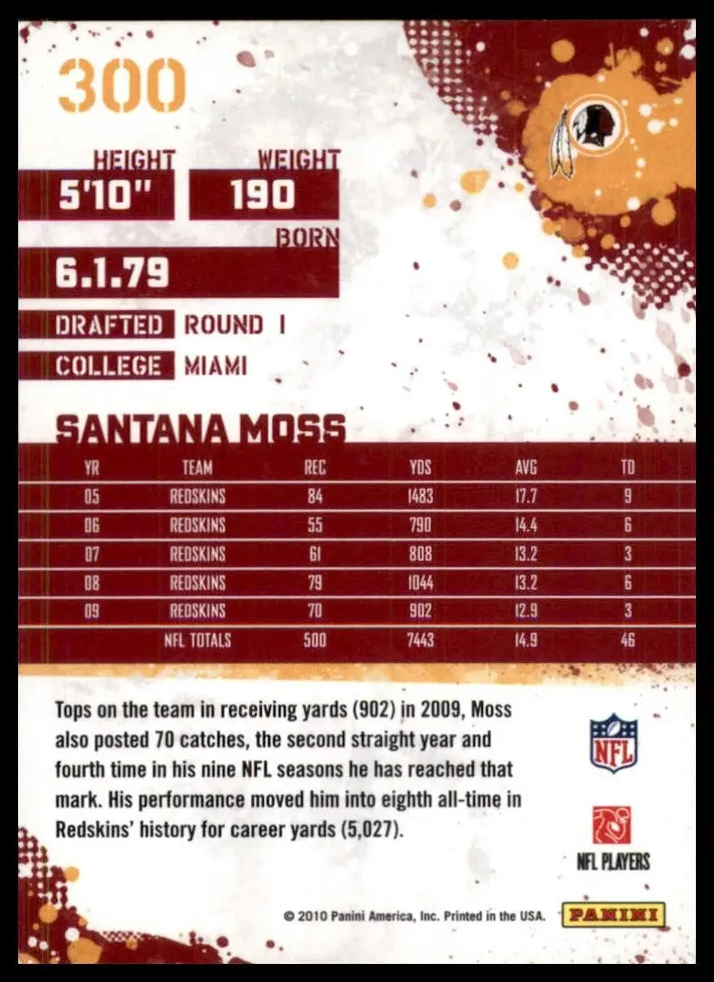 2010 Score Santana Moss #300 Washington Redskins Football Card NFL Sports - Football Card Single