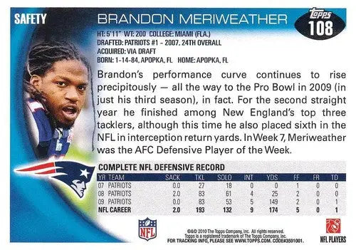 2010 Topps #108 Brandon Meriweather NM-MT Patriots ID:81323 - Football Card Single