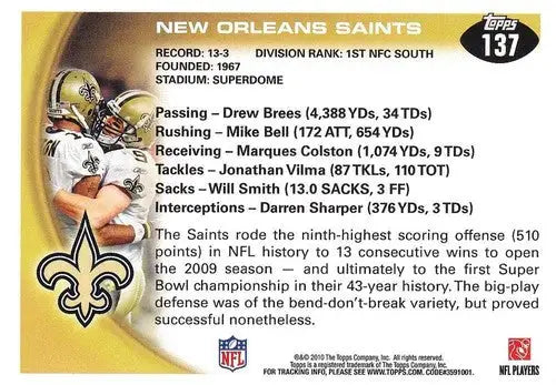 2010 Topps #137 Drew Brees/Marques Colston NM-MT Saints TC ID:81326 - Football Card Single