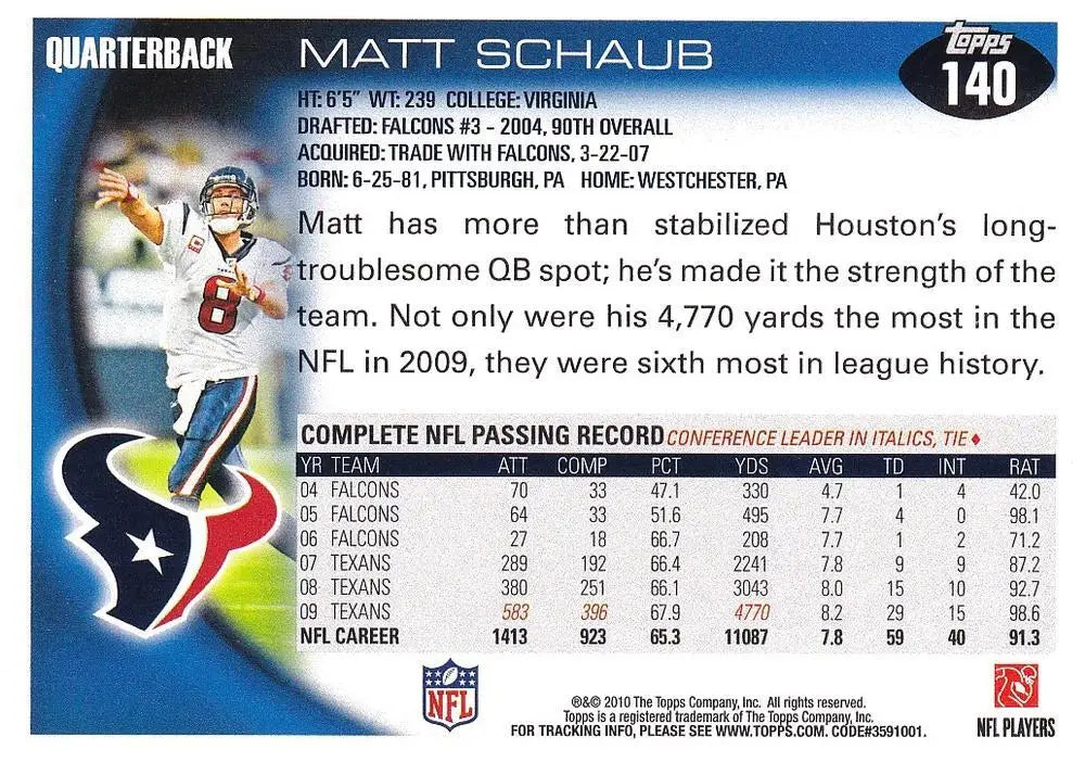 2010 Topps #140 Matt Schaub NM-MT Texans ID:81327 - Football Card Single