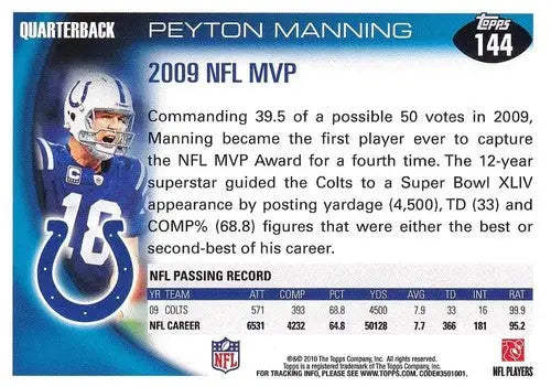 2010 Topps #144 Peyton Manning NM-MT Colts MVP ID:81328 - Football Card Single