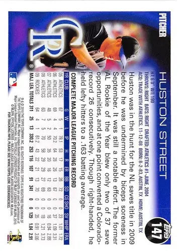 Original gloss Huston Street baseball card from 2010 Topps #147 NM-MT Rockies