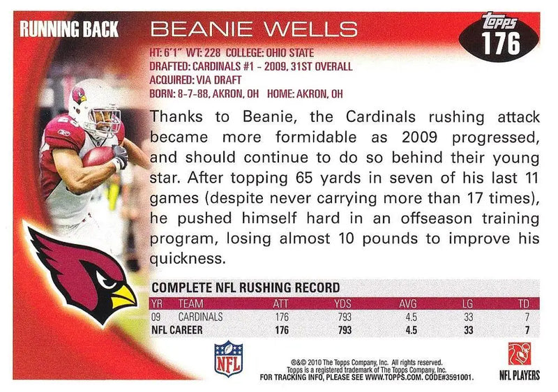2010 Topps #176 Beanie Wells NM-MT Cardinals ID:81334 - Football Card Single