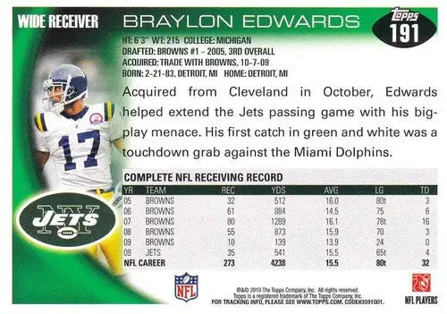2010 Topps #191 Braylon Edwards NM-MT NY Jets ID:81337 - Football Card Single
