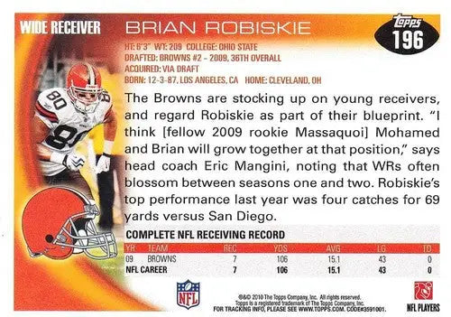 2010 Topps #196 Brian Robiskie NM-MT Browns ID:81338 - Football Card Single