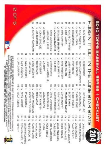 Baseball card checklist featuring Elvis Andrus and Ian Kinsler from 2010 Topps NM-MT collection
