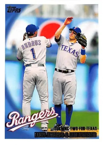 Original gloss baseball card featuring Elvis Andrus and Ian Kinsler from 2010 Topps