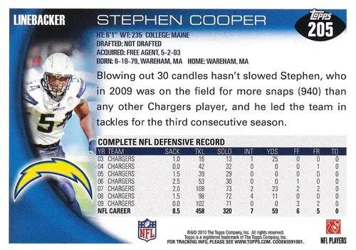 2010 Topps #205 Stephen Cooper NM-MT Chargers ID:81340 - Football Card Single