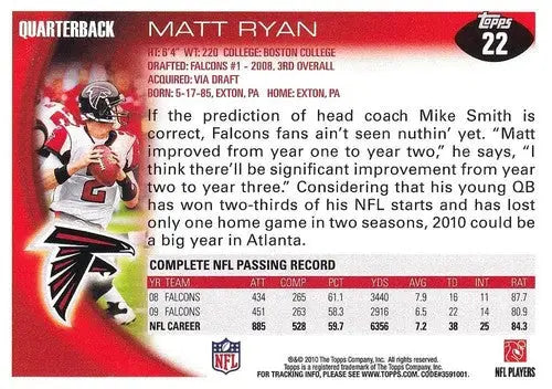 2010 Topps #22 Matt Ryan NM-MT Falcons ID:81317 - Football Card Single