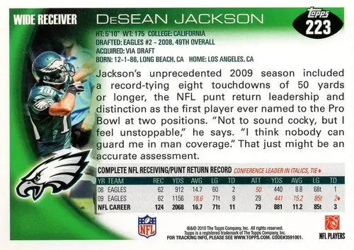 2010 Topps #223 DeSean Jackson NM-MT Eagles ID:81343 - Football Card Single