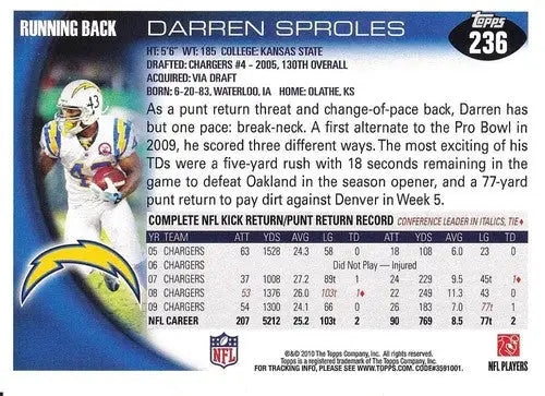 2010 Topps #236 Darren Sproles NM-MT Chargers ID:81347 - Football Card Single